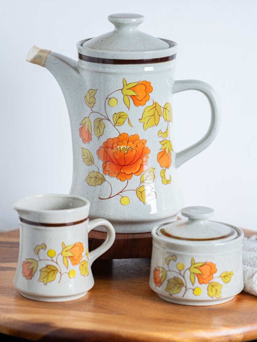 Vintage Teapot Set, Haniwa Stoneware Tea Set, 1970s Floral Teapot Sugar Bowl